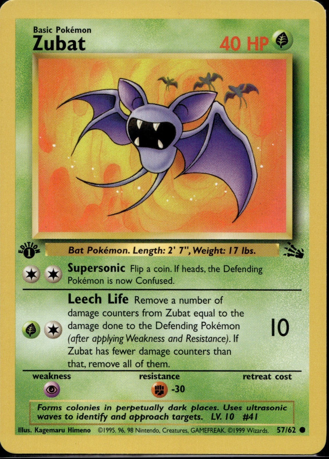 Zubat 57/62 FO Fossil Pokemon 1st Edition Near Mint
