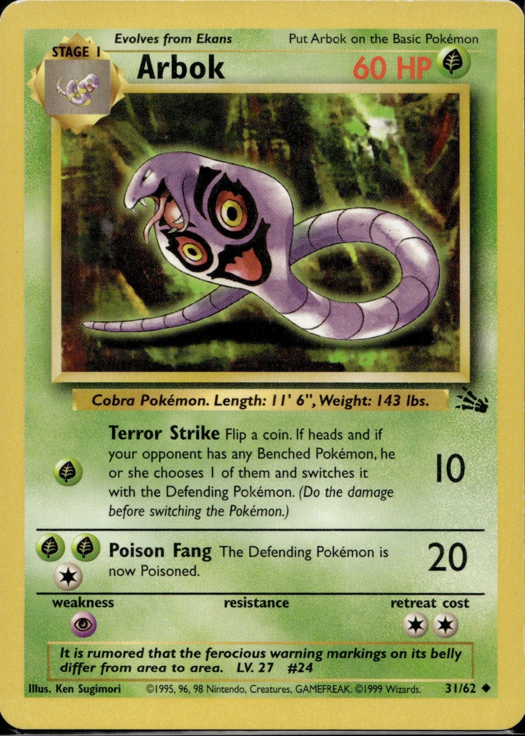 Arbok 31/62 FO Fossil Pokemon Unlimited Lightly Played