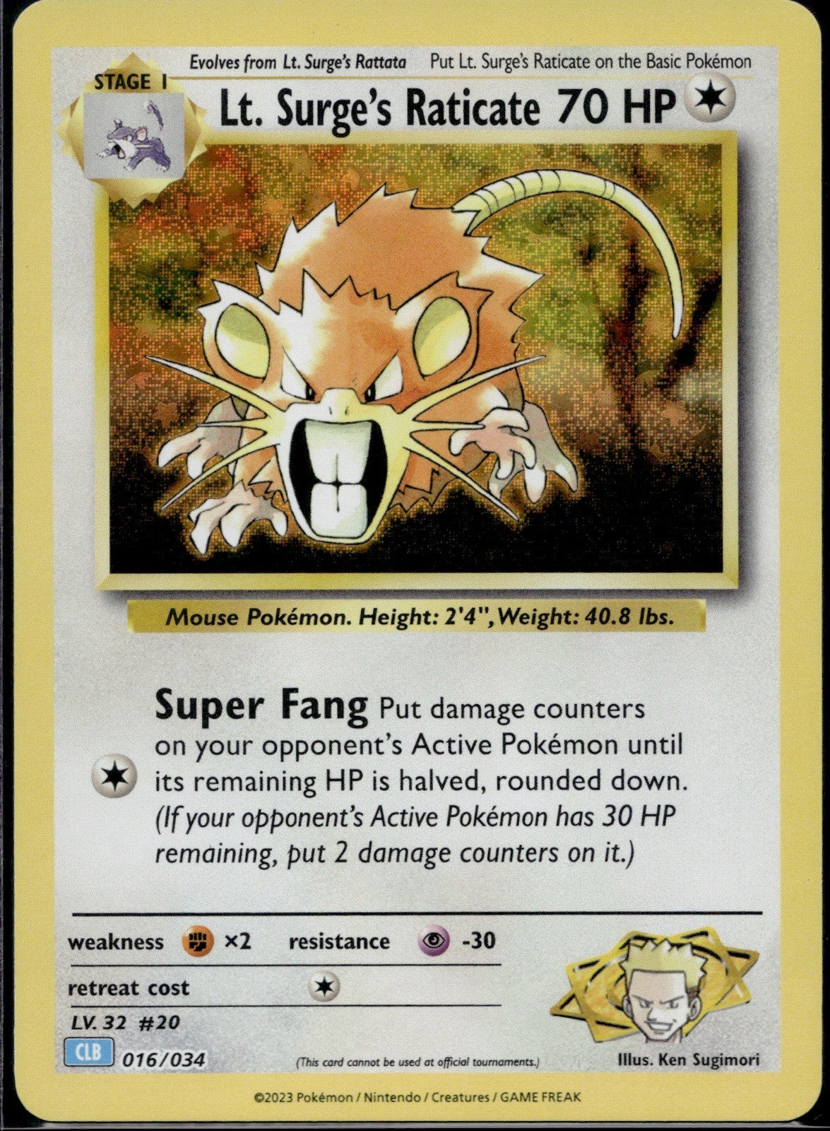 Lt. Surge's Raticate 016/034 CL Trading Card Game Classic Pokemon Holo Near Mint