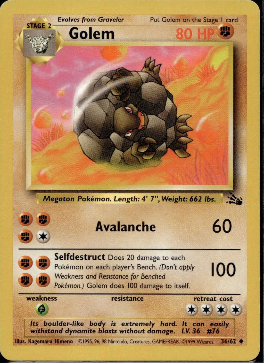 Golem 36/62 FO Fossil Pokemon Unlimited Lightly Played