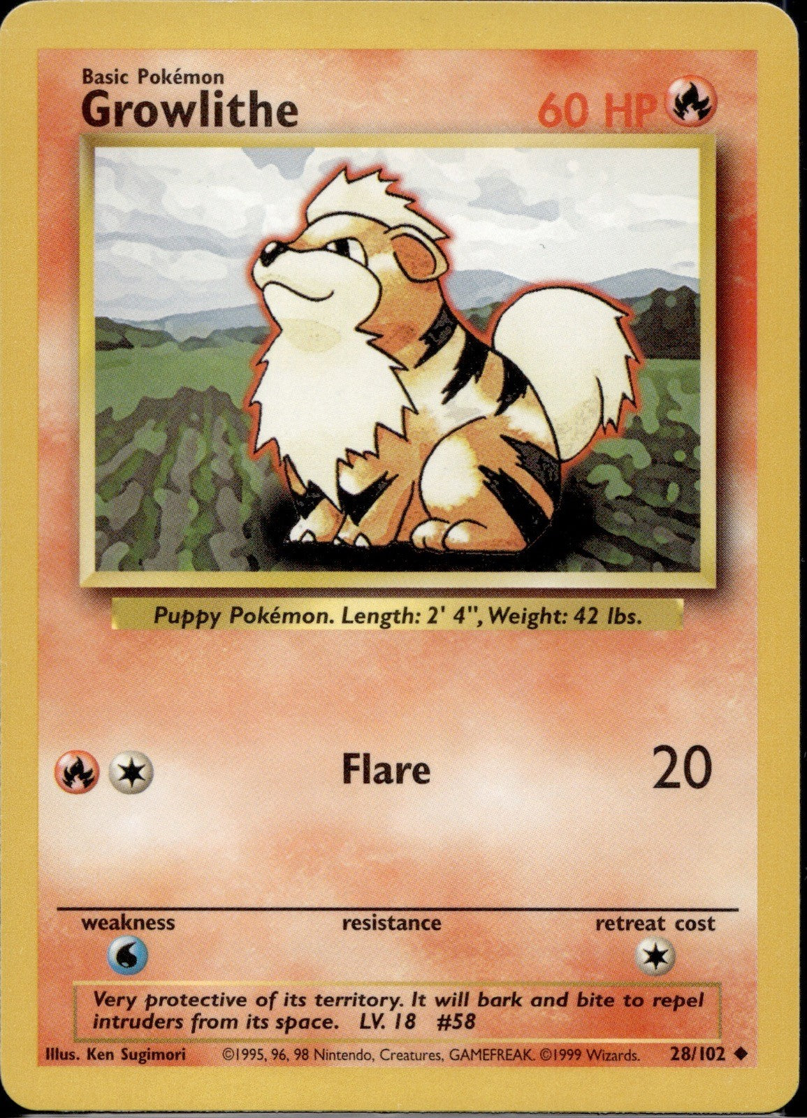 Growlithe 28/102 BS Base Set Unlimited Pokemon Lightly Played