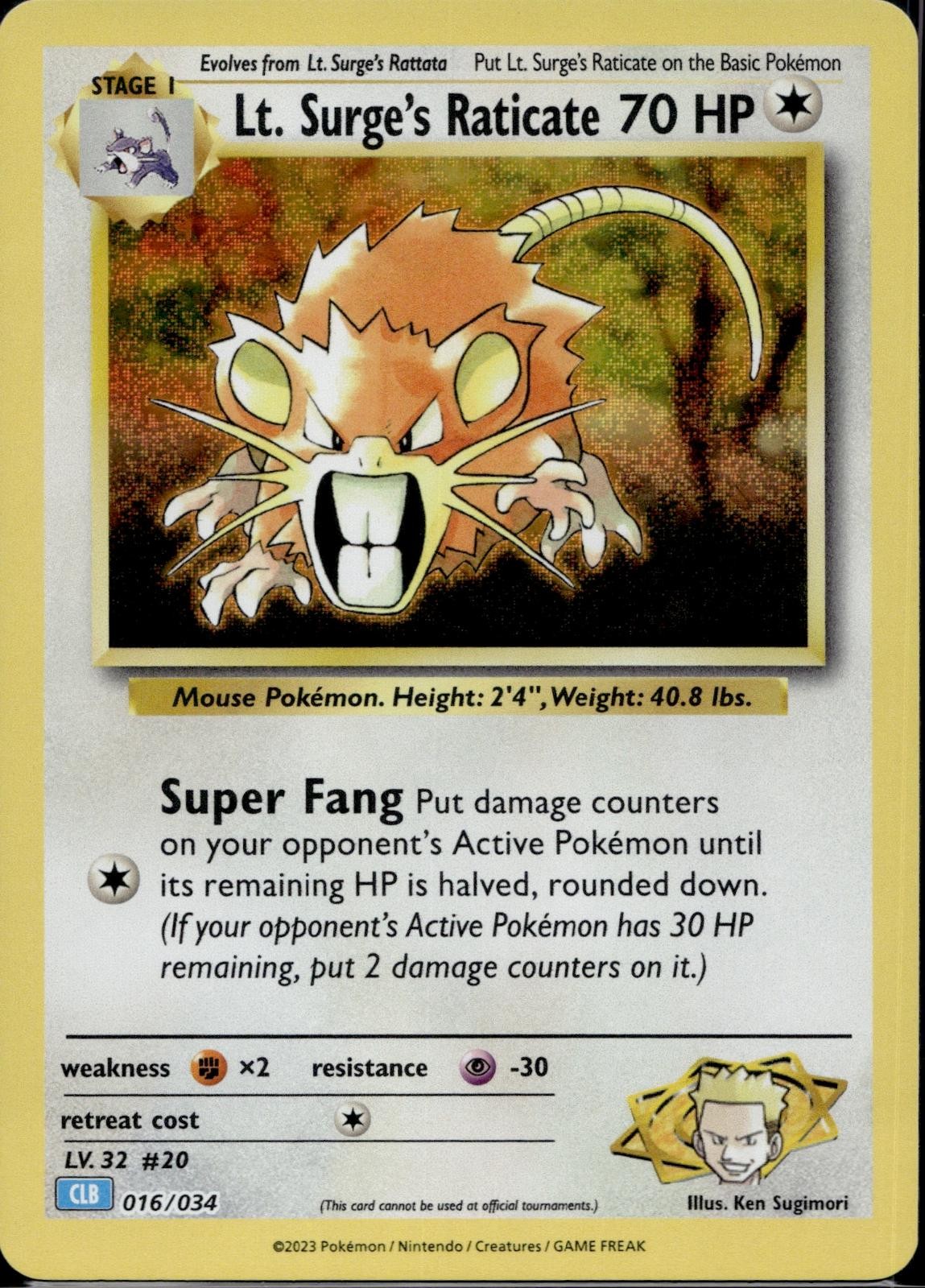 Lt. Surge's Raticate 016/034 CL Trading Card Game Classic Pokemon Holo Near Mint